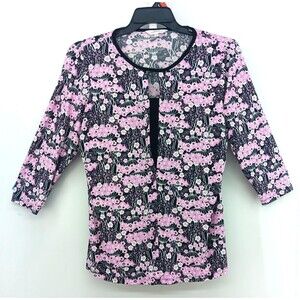 Northern Traditions Blouse Women Small Black Pink Floral Keyhole Neck 3/4 Sleeve